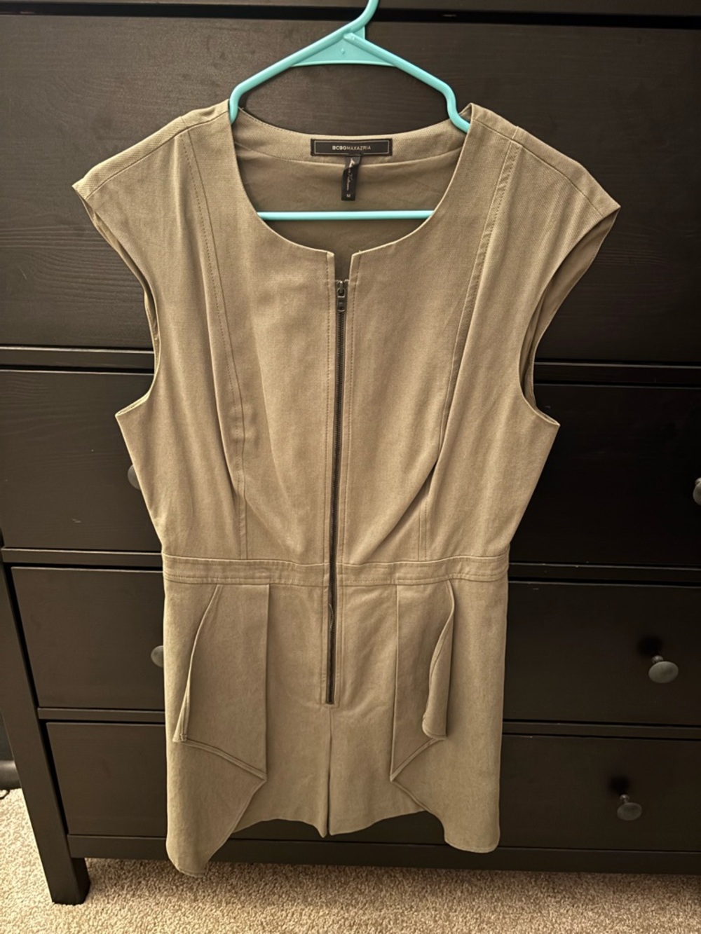 BCBGMaxAzria Olive-Taupe Zip Front Cap Sleeve Dress